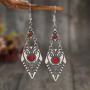 Vintage Boho Turquoise Dangle Earrings: Silver-Plated, Geometric Design